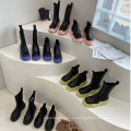 Neue Trend Großhandel Frauen Luxus luxuriöser hochrangiger Holzholz allein maßgeschneiderte echte Leder Regenschuhe Arbeit Knöchel Chunky Chelsea Boot Frau